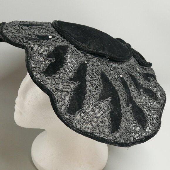 VTG Black Velvet and Lace Hat Rhinestones Wide Brim Saucer Cocktail - Picture 1 of 9